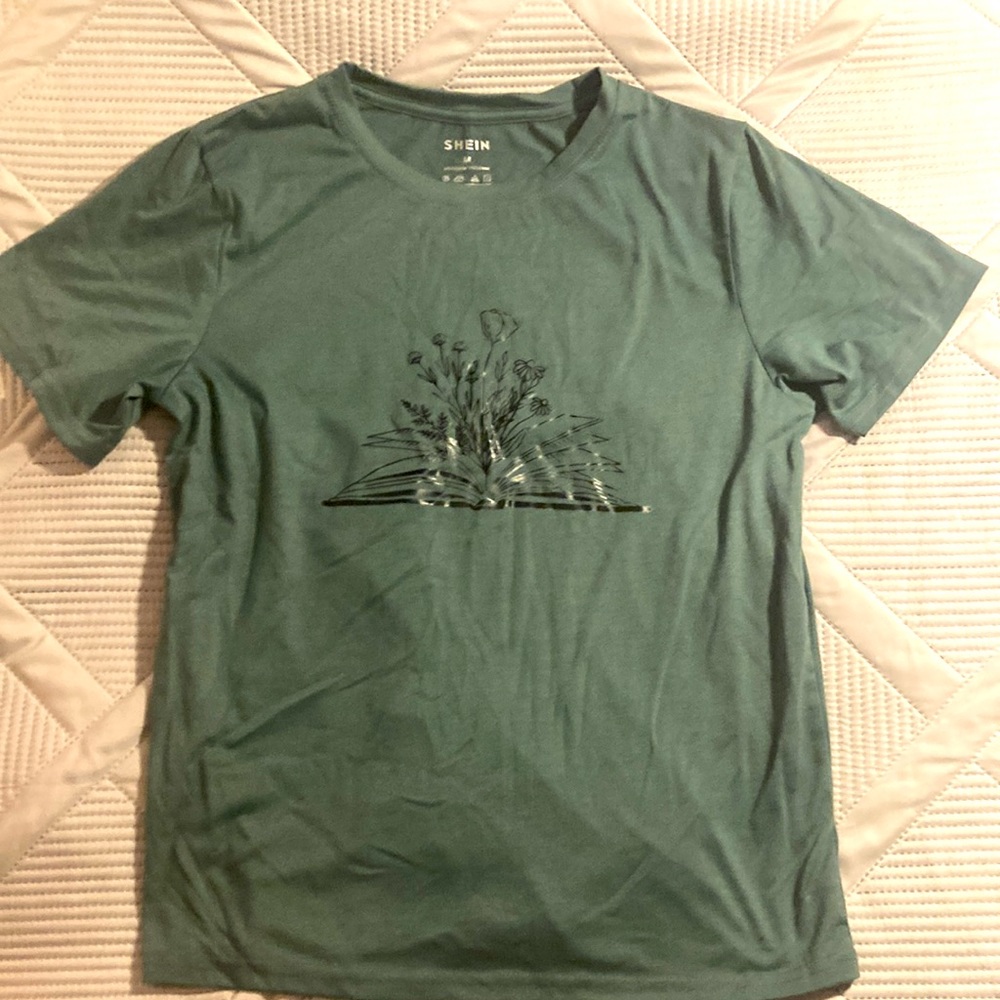 GREEN FLORAL BOOK TSHIRT- cute, never worn, great quality